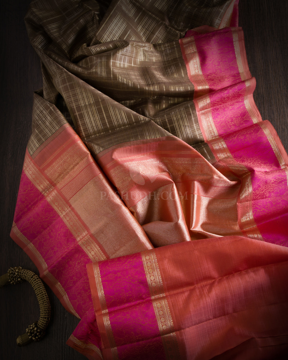 Khaki and Light Pink Kanjivaram Silk Saree - S784 -View 2 