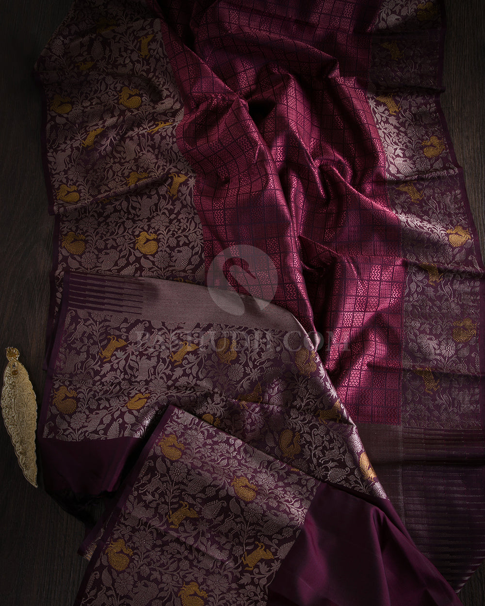Betel Nut (Maroon) & Aubergine Kanjivaram Silk Saree - S1002 - View 1