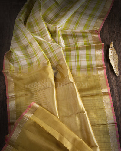 Cream, Light Green & Beige Kanjivaram Silk Saree - S1020(A) - View 1