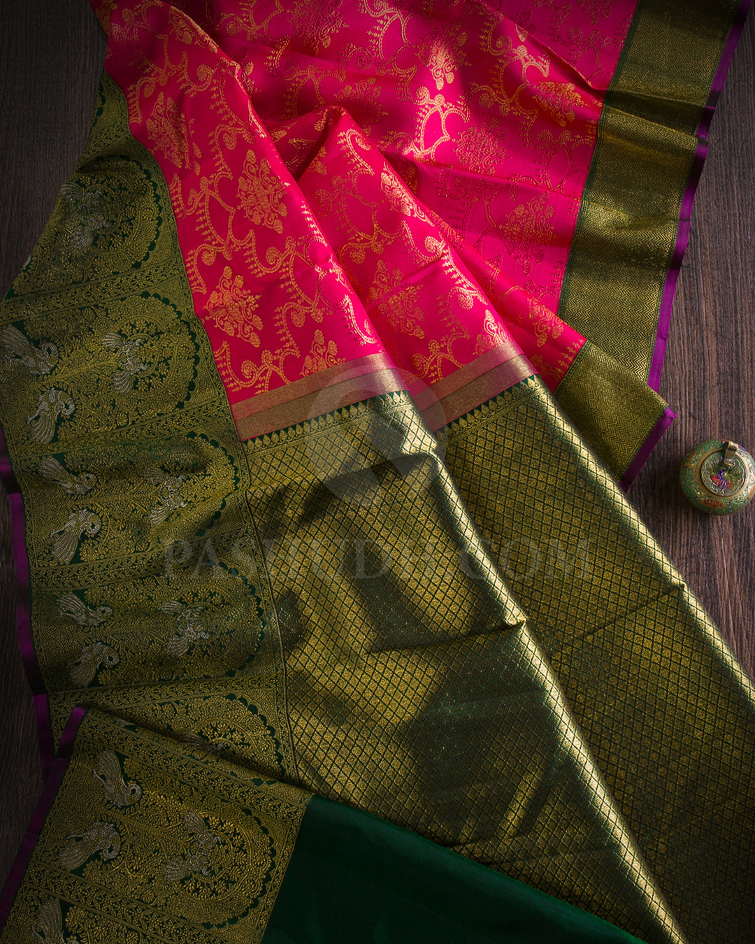 Candy Pink And Forest Green Kanjivaram Silk Saree - S1048(F)