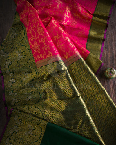 Candy Pink And Forest Green Kanjivaram Silk Saree - S1048(F)