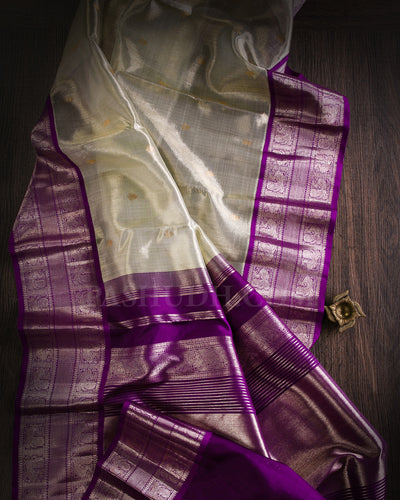 Cream And Violet Organza Kanjivaram Silk Saree - S1235(A)