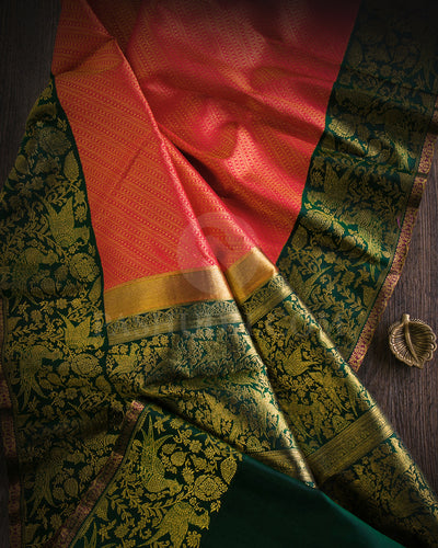 Sunset Red And Bottloe Green Kanjivaram Silk Saree - S1247(A)