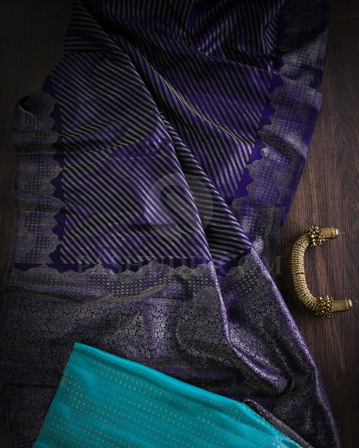 Navy Blue And Sky Blue Kanjivaram Silk Saree - D533(B)