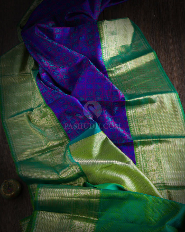 Indigo & Green Kanjivaram Silk Saree - D445 - View 1