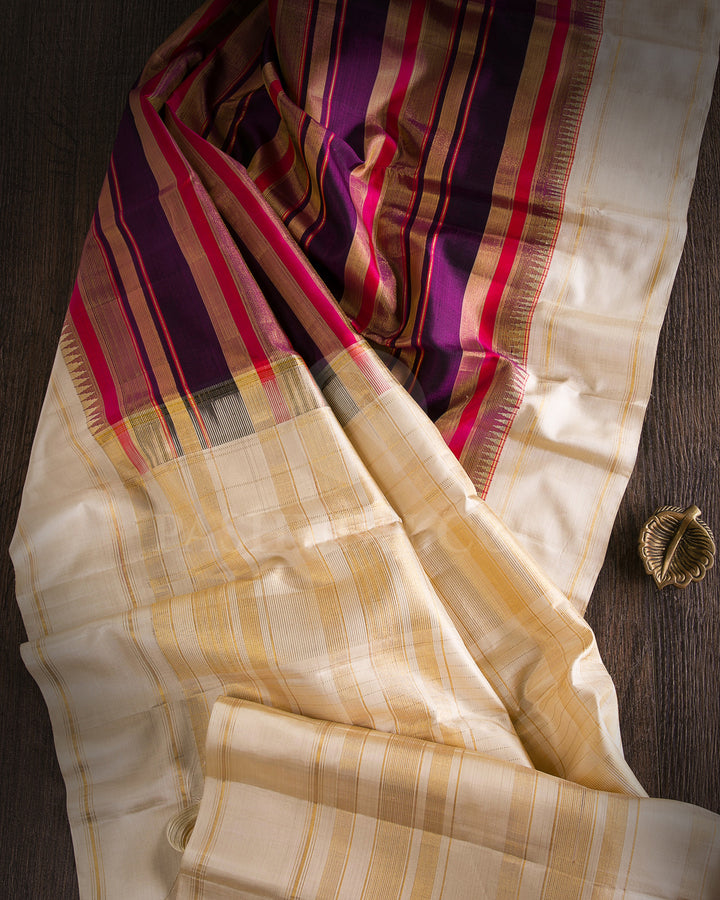 Purple, Red Shot Pink And Cream Traditional Kanjivaram Silk Saree - AK5
