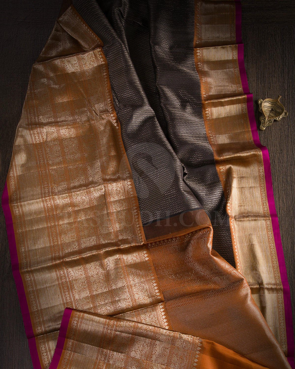 Black And Rust Orange Kanjivaram Silk Saree  - D569(A)