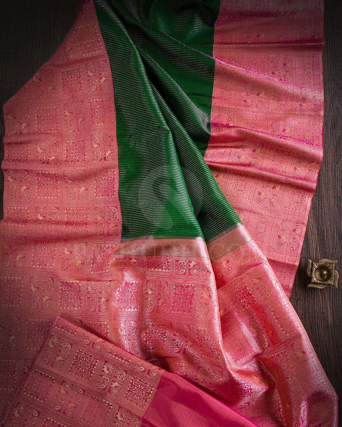 Emerald Green And Peachy Pink Kanjivaram Silk Saree - S1241(A)