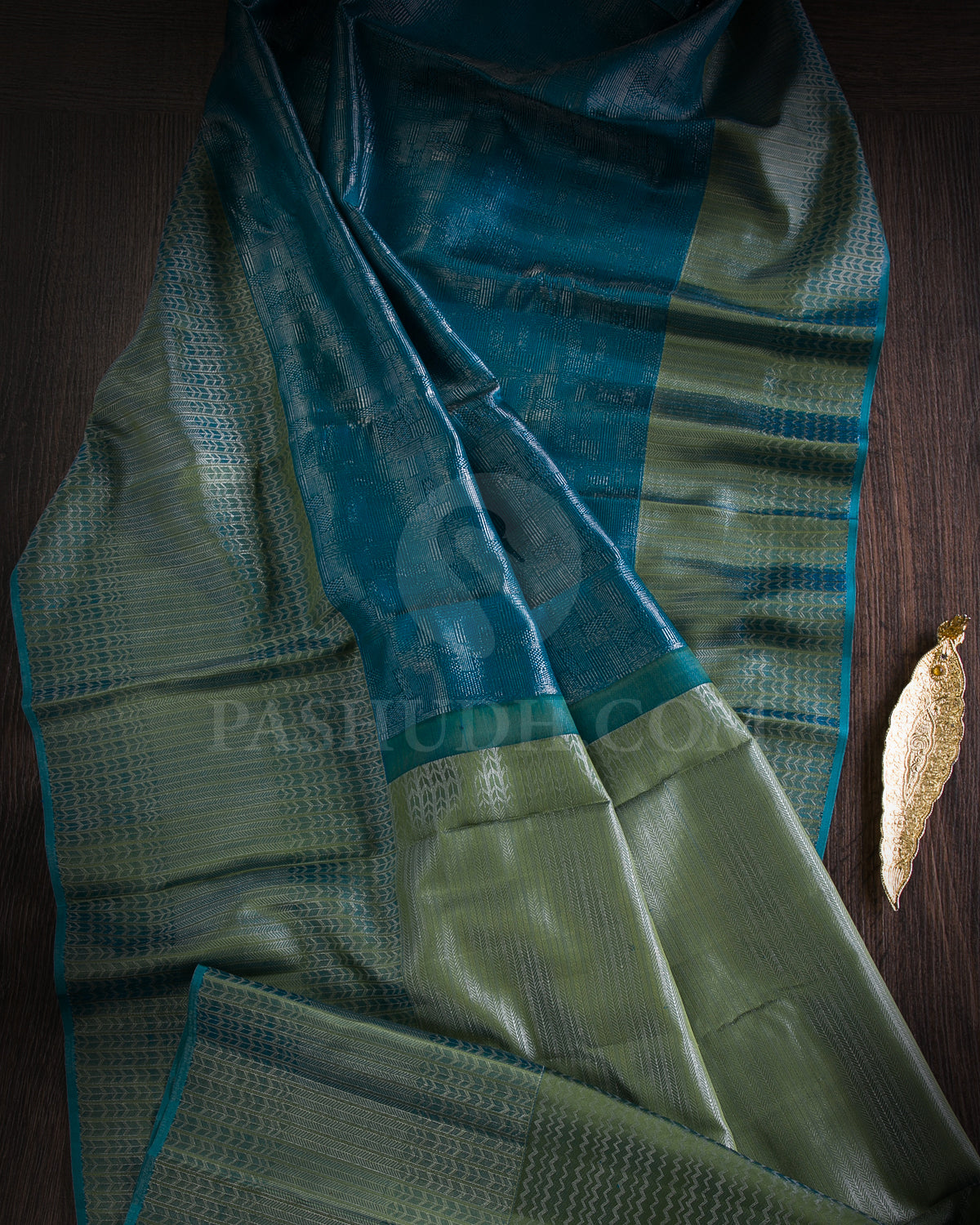 Teal Blue and Sage Green Shot Powder Blue Kanjivaram Silk Saree - D571(A)