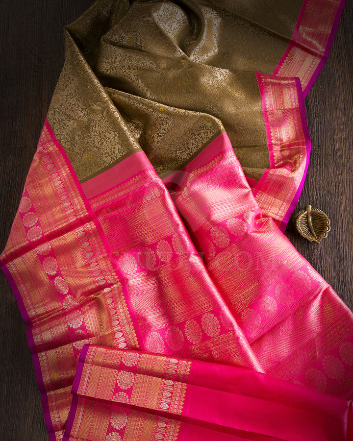 Mehendi Green And Fuchsia Pink Kanjivaram Silk Saree - S1193(B)