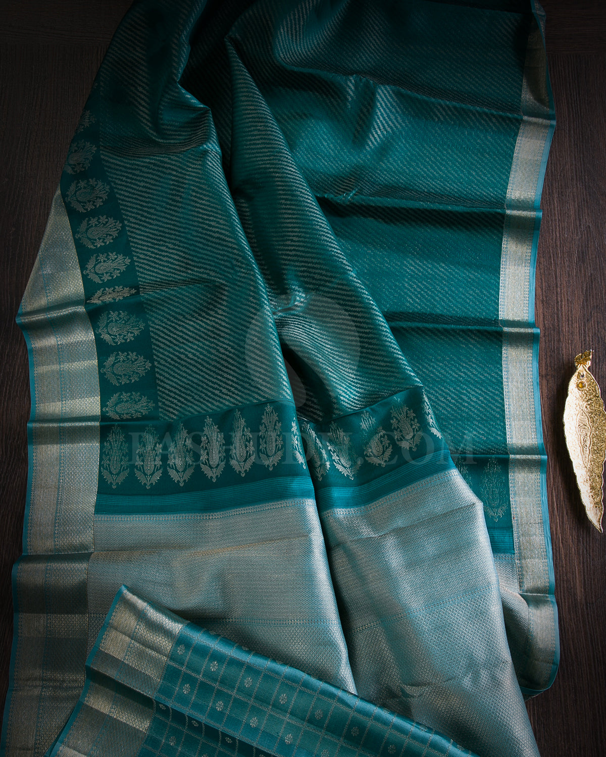 Teal Green And Powder Blue Kanjivaram Silk Saree - DT279(A)