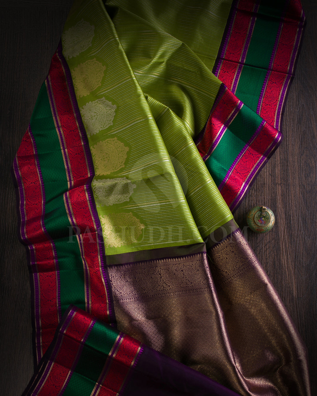 Pear Green, Aubergine, Red, Green And Magenta Kanjivaram Silk Saree - S1257(A)