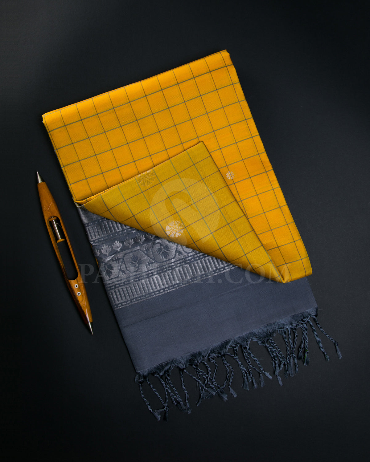 Yellow And Dark Grey Soft Silk Saree - C41