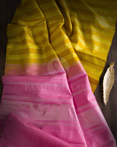 Tuscany Yellow, Mustard And Baby Pink Borderless Traditional Kanjivaram Silk Saree - SVJ3