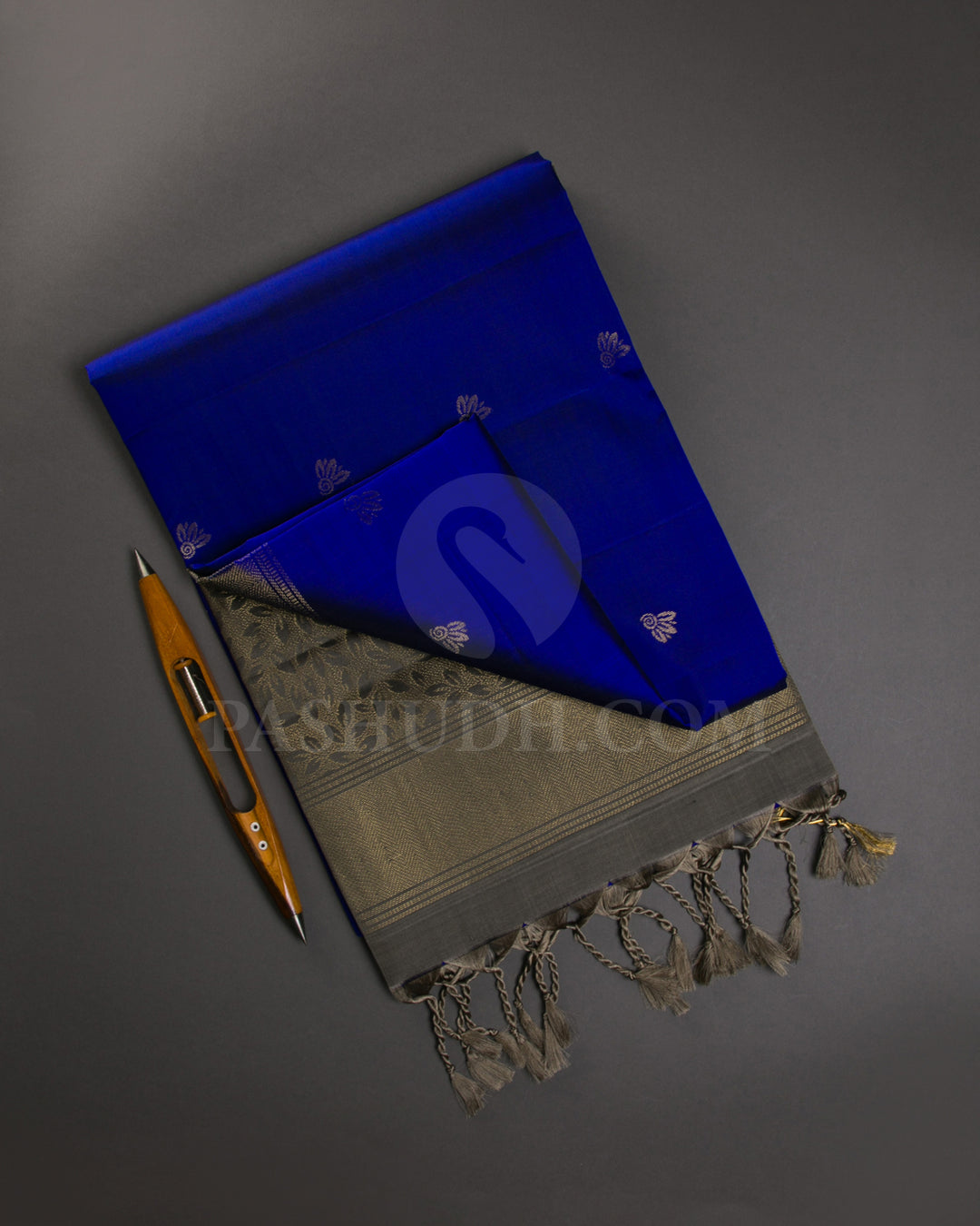 Royal Blue And Greige Soft Silk Saree - C70