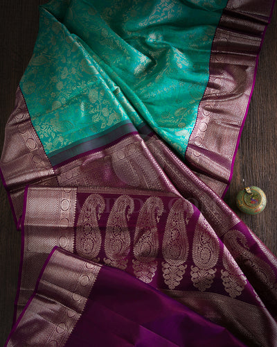 Turquoise Blue and Wine Kanjivaram Silk Saree - S1192(C)