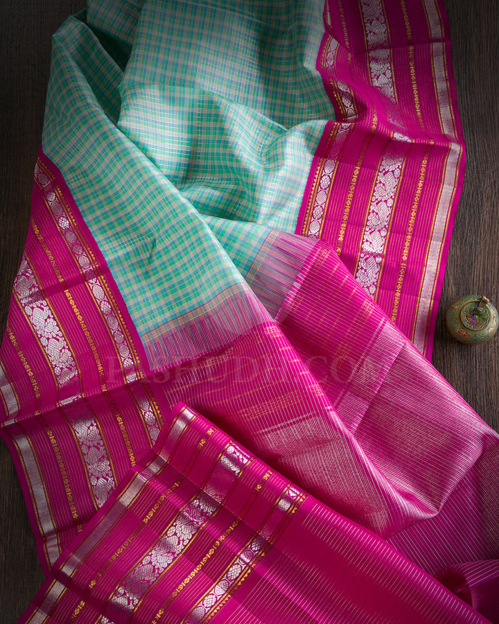 Green Blue Chequered And Rani Pink Traditional Kanjivaram Silk Saree - AK11