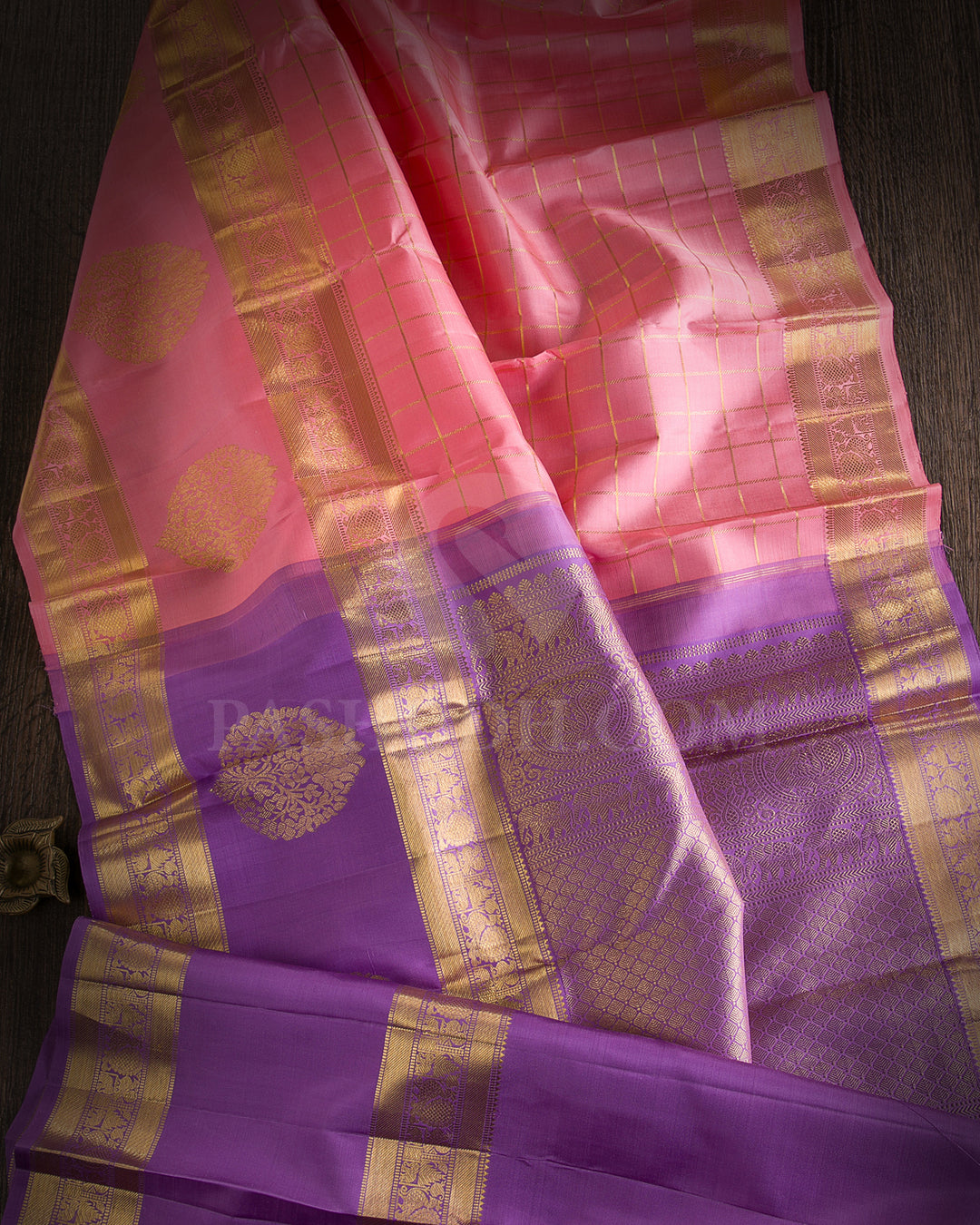 Peachy Pink And Lavender Traditional Kanjivaram Silk Saree - SVJ23