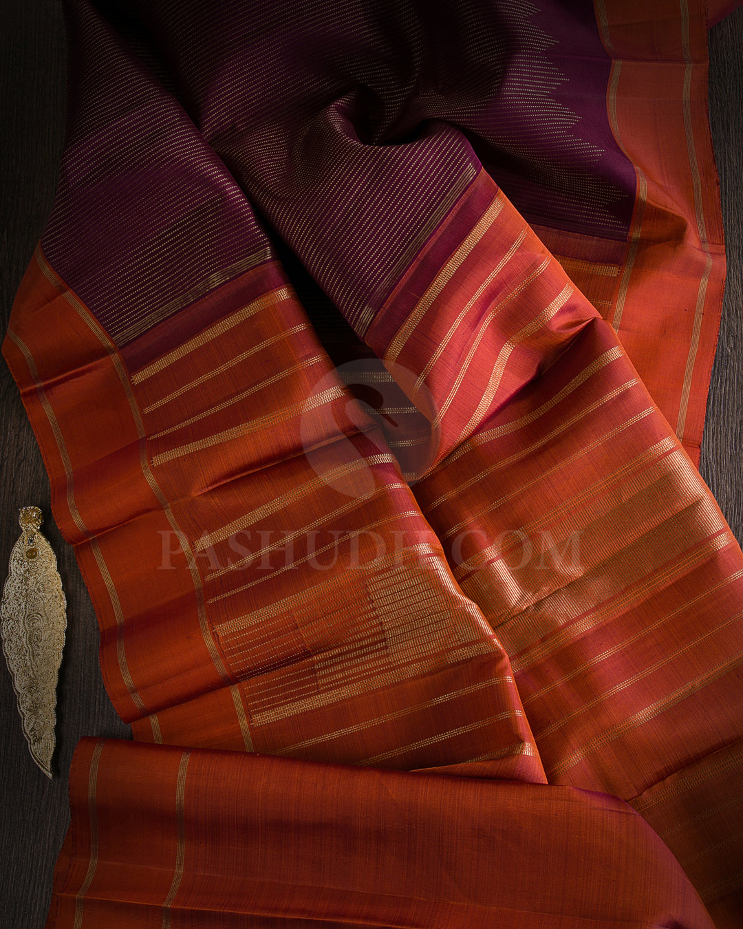 Paakku (Betel nut) And Rust Orange Traditional Kanjivaram Silk Saree - K5