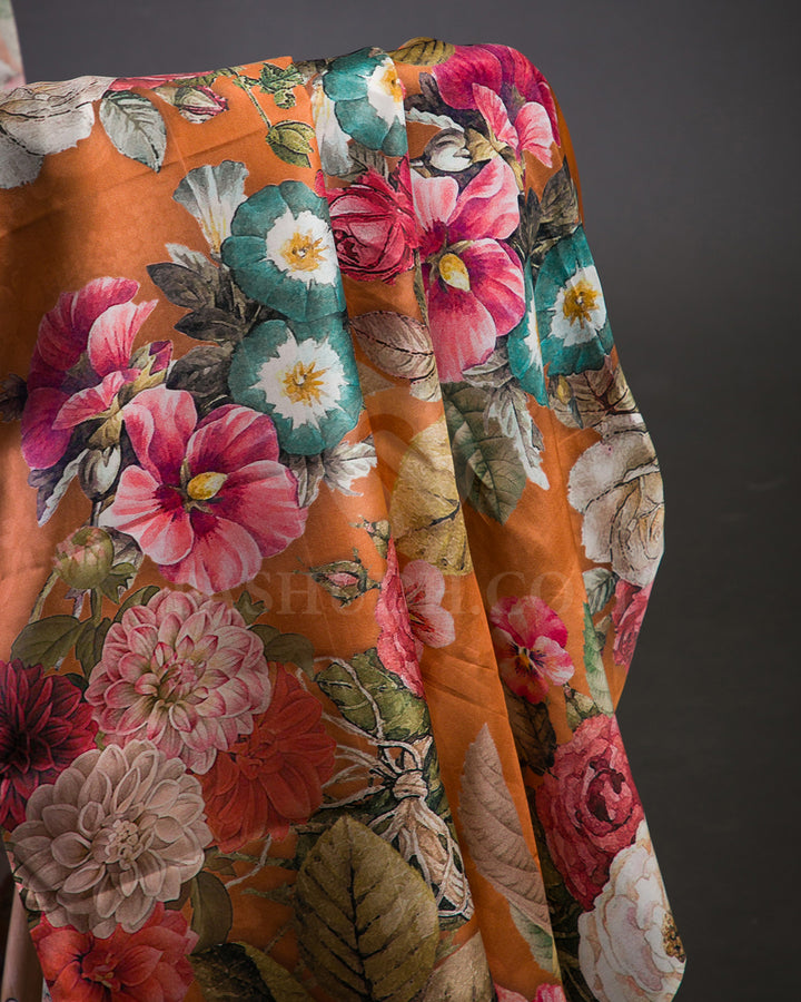 Orange Floral Print Kanjivaram Silk Saree - KP11