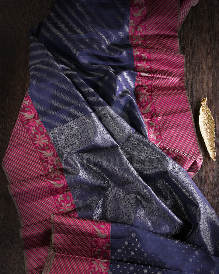 Dark Grey And Raspberry Pink Kanjivaram Silk Saree - D560(B)