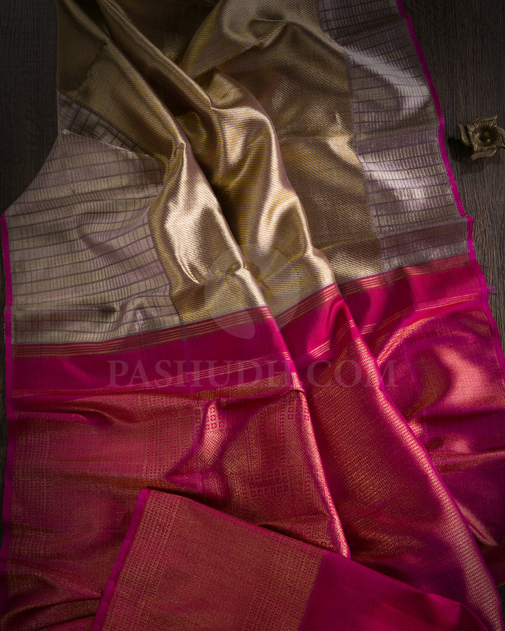 Gold, Pastels And Rani Pink Shimmer Organza Kanjivaram Silk Saree - S1291(A)