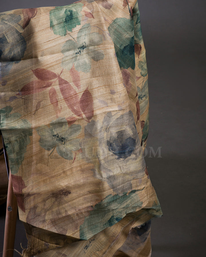 Brown Floral Printed Handloom Tussar Saree  - KP23