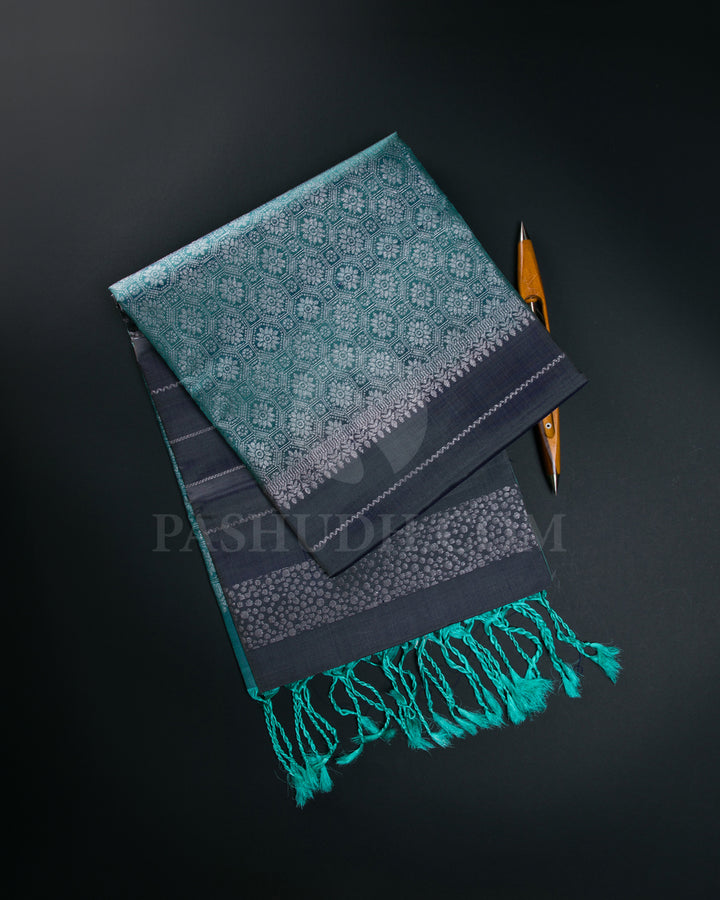 Dark Grey And Sky Blue Soft Silk Saree - C89