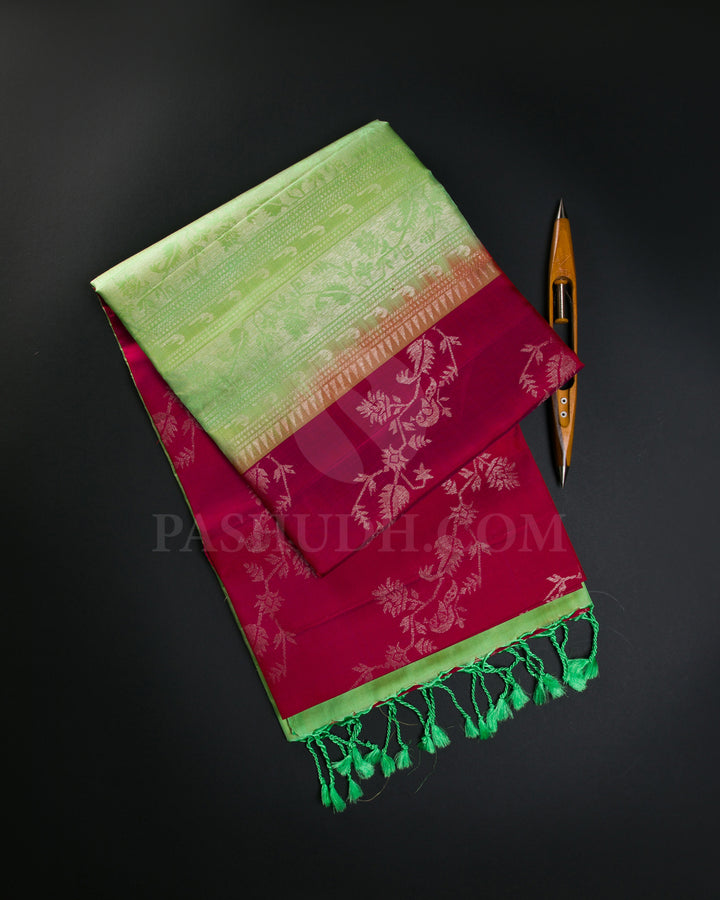 Red Shot Pink And Neon Green Soft Silk Saree - C76