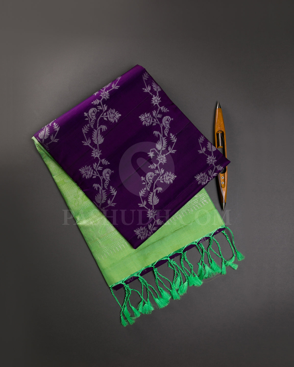 Aubergine And Neon Green Soft Silk Saree - C74