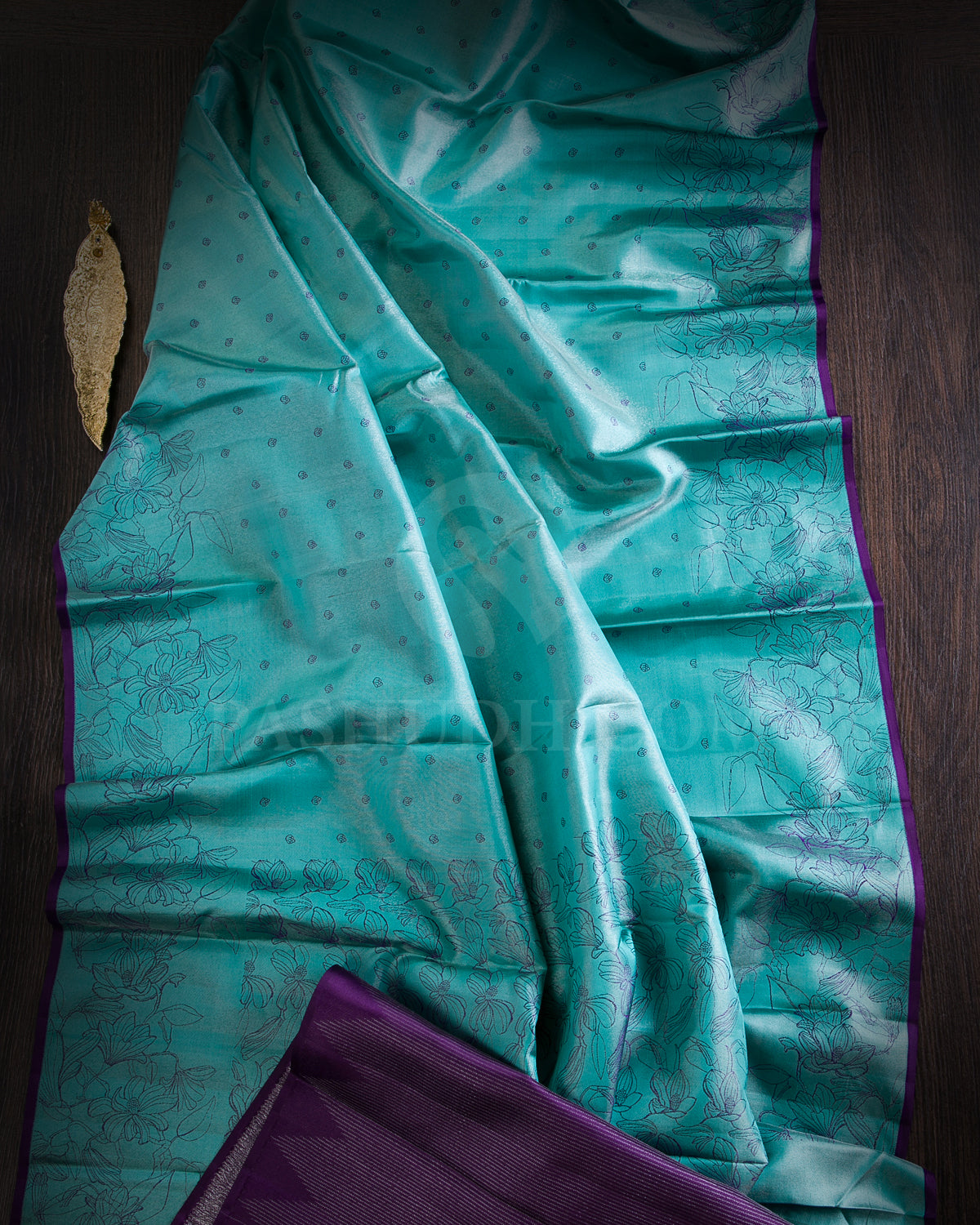 Turquoise Blue And Violet Borderless Kanjivaram Silk Saree - D570(A)