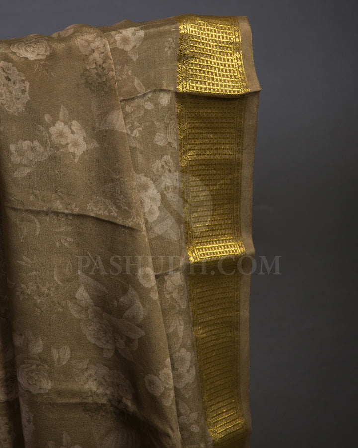 Dark Beige Printed Mysore Crepe Silk Saree - KP13