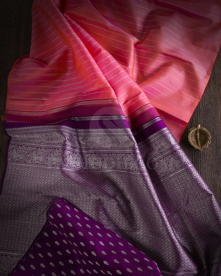 Orange Shot Pink And Purple Borderless Traditional Kanjivaram Silk Saree - SVJ16