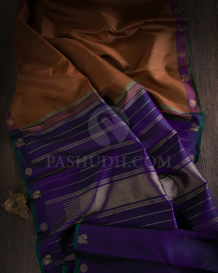 Green And Orange Checks , Pink and Purple Traditional Kanjivaram Silk Saree - K16