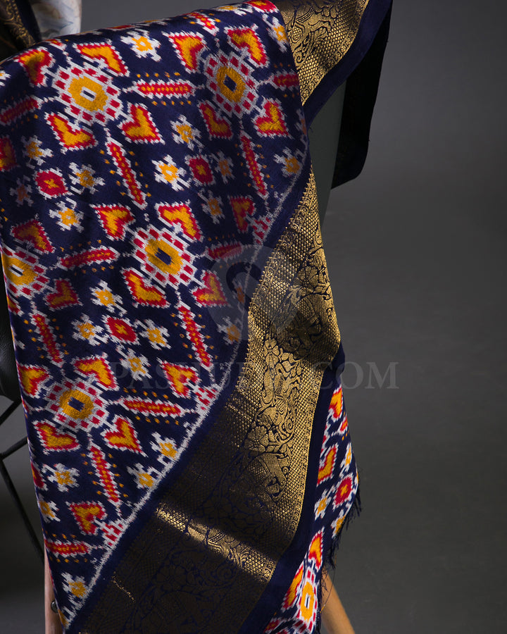 Grey And Dark Blue Handloom Printed Kanjivaram Silk Saree - KP1