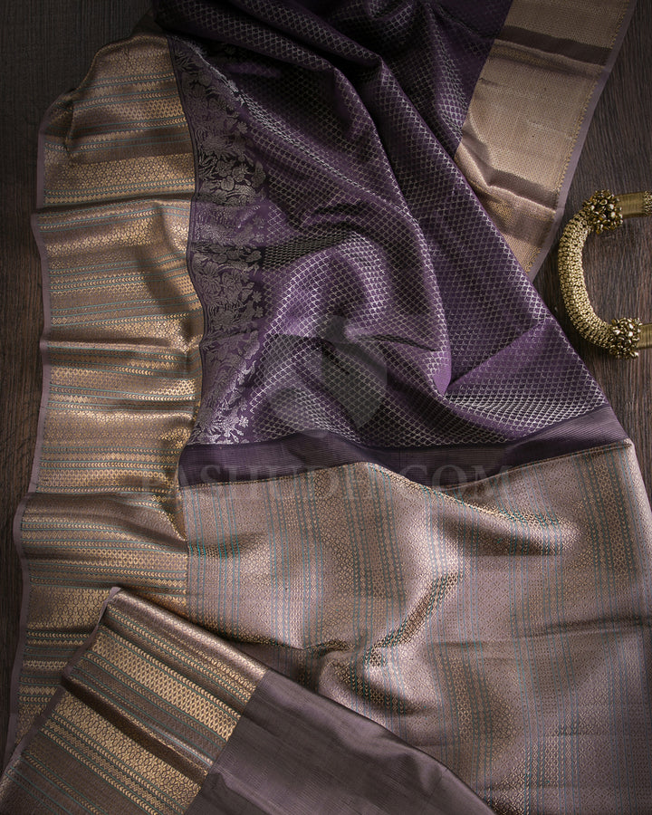 Deep Egg Plant And Greige Kanjivaram Silk Saree - D572(B)