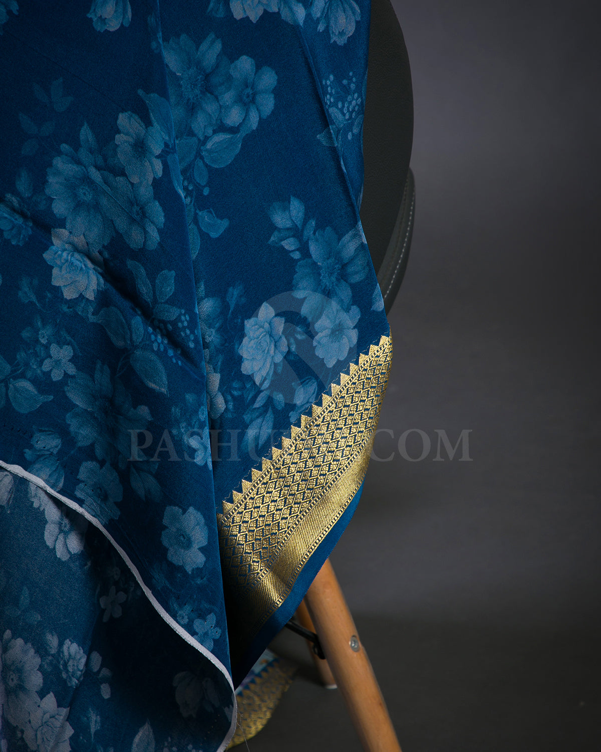 Sky Blue And Dark Blue Floral Printed Mysore Crepe Silk Saree - KP7