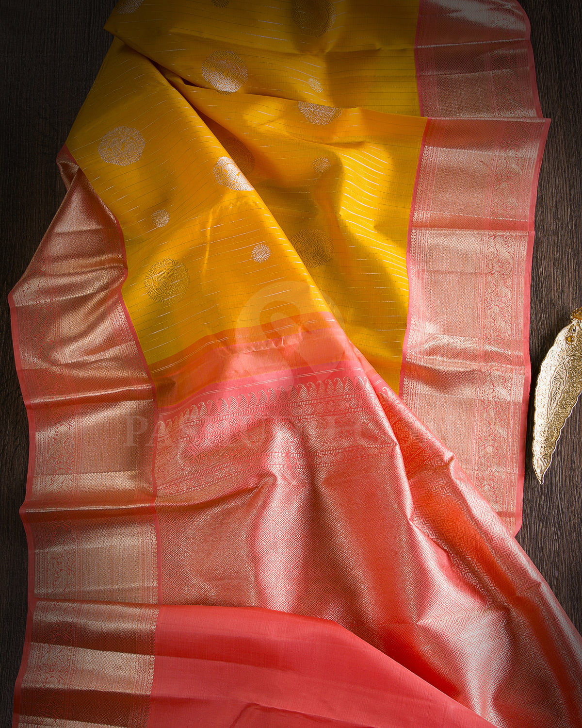 Turmeric Yellow And Peach Traditional Kanjivaram Silk Saree - AK2