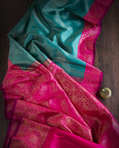 Turquoise Blue And Rani Pink Kanjivaram Silk Saree - S1266(A)