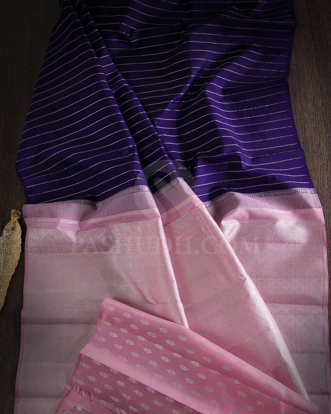 Navy Blue and Baby Pink Borderless Traditional Kanjivaram Silk Saree - SVJ30