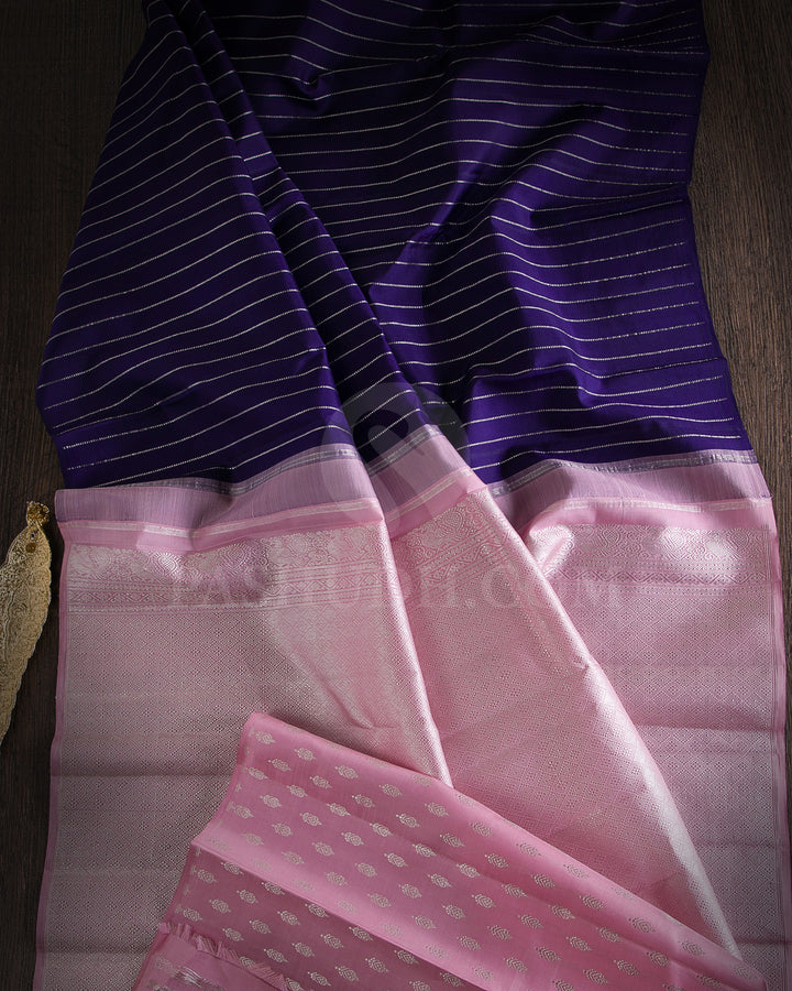 Navy Blue and Baby Pink Borderless Traditional Kanjivaram Silk Saree - SVJ30