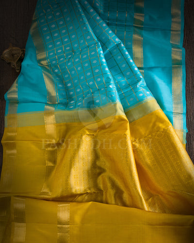 Turquoise Blue And Mustard Yellow Traditional Kanjivaram Silk Saree - SVJ6