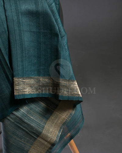 Teal Brown Printed Handloom Tussar Saree  - KP25