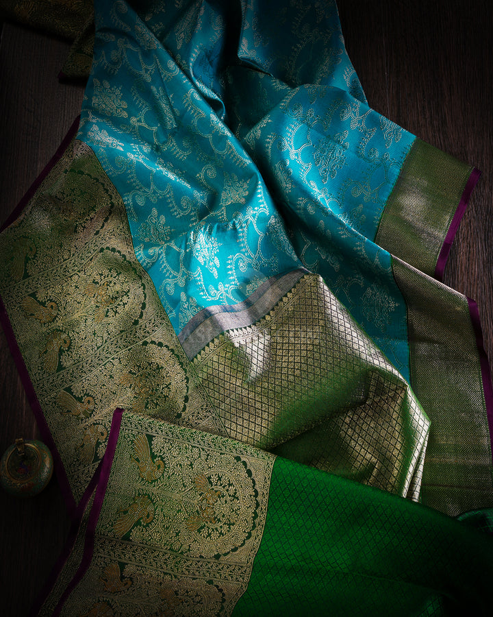 Anandha Blue and Forest Green Kanjivaram Silk Saree - S848 - View 2