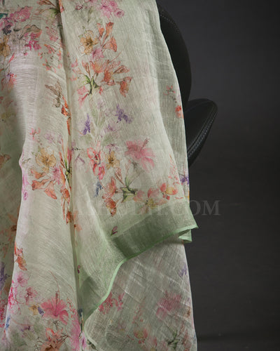 Mint Floral Printed Organza Linen Saree - KP22