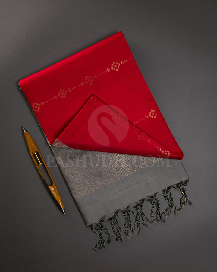 Red And Grey Soft Silk Saree - C57