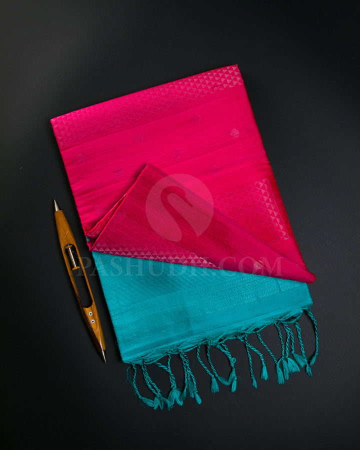 Rani Pink And Sky Blue Soft Silk Saree - C58