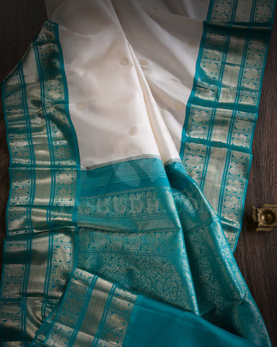 Cream And Anandha Blue Kanjivaram Silk Saree - S1281(A)