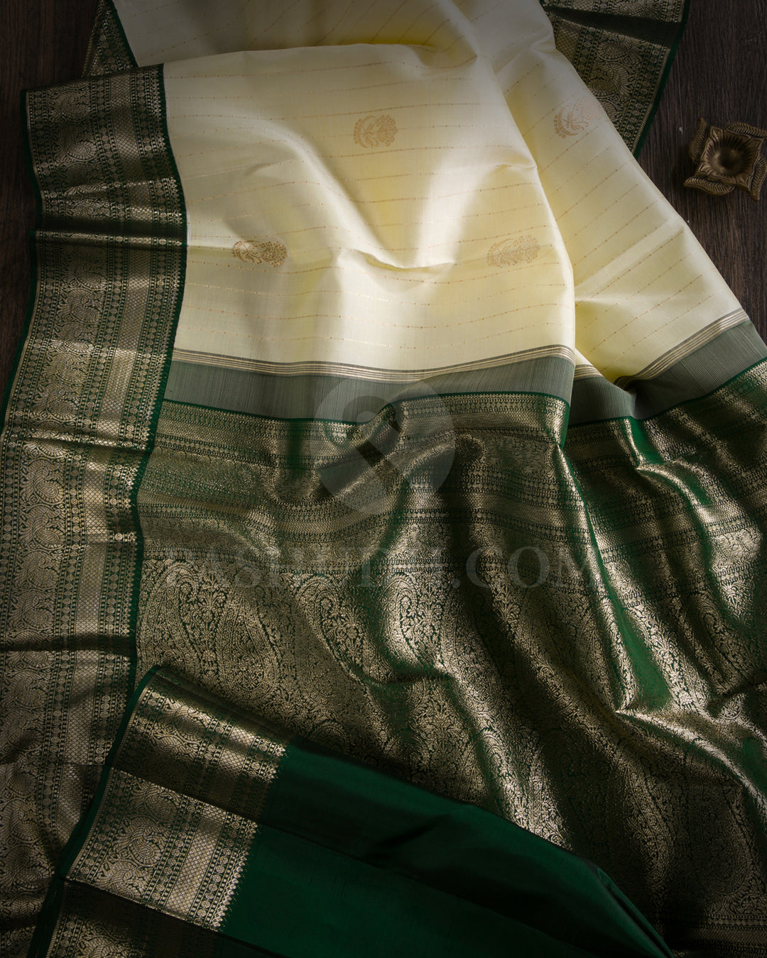 Ivory And Bottle Green Kanjivaram Silk Saree- S981(C)