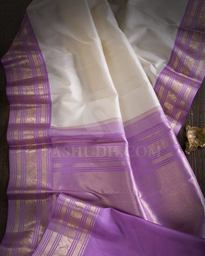 Cream And Lavender Kanjivaram Silk Saree - S1296(B)